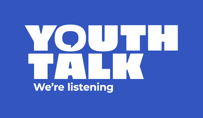 Youth Talk logo on blue with the strapline we're listening